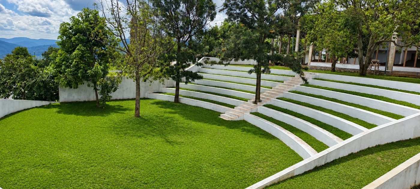 Serene amphitheater with mountain view, today